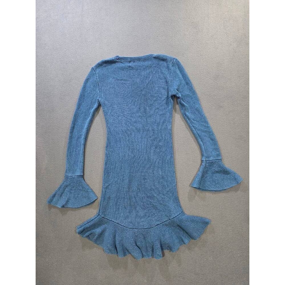Intermix Blue Stretch Knit Long Sleeve Ruffle Midi Sweater Dress L A010396 - Picture 7 of 7